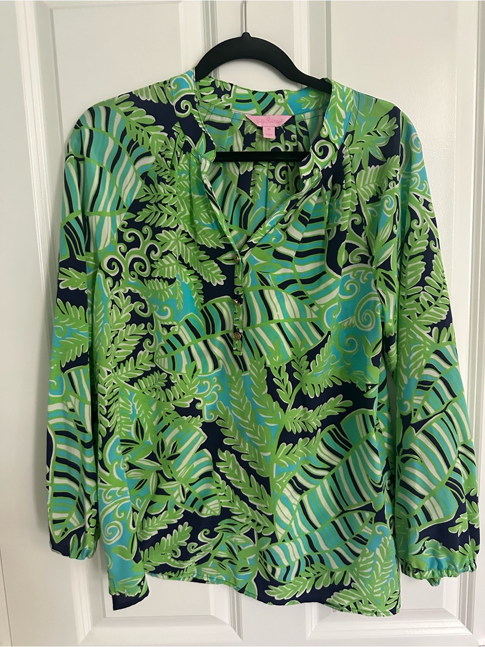 Lilly Pulitzer Green & Navy Tropical Leaf Print Blouse